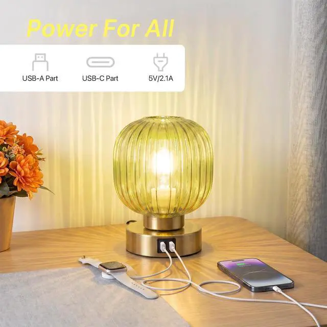 Alt view image 4 of 7 - Touch Table Lamp Set of 2, 3-Way Dimmable with Glass Shade, USB-C+A Charging Ports, Mid-Century Modern Small Bedside Lamps for Nightstand, Bedroom, and Living Room, LED Bulb Included (Green)