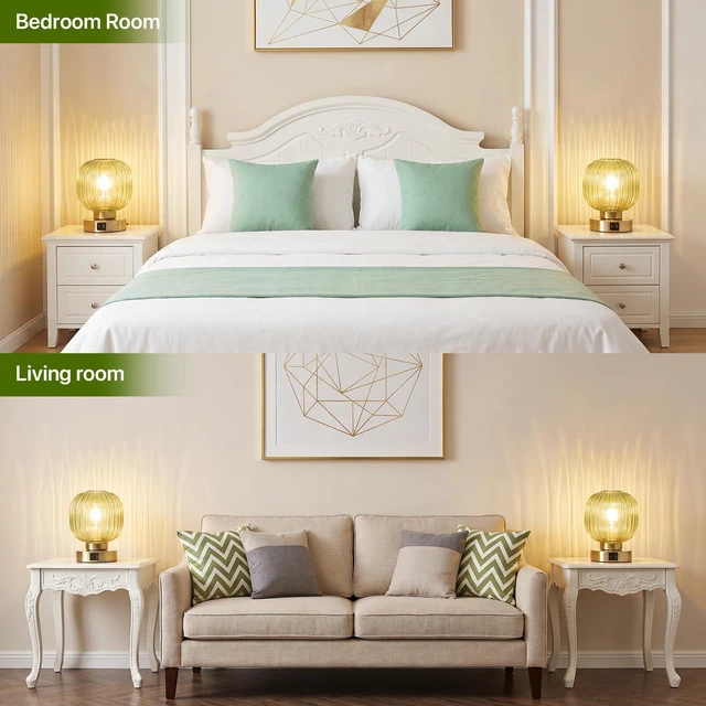 Alt view image 5 of 7 - Touch Table Lamp Set of 2, 3-Way Dimmable with Glass Shade, USB-C+A Charging Ports, Mid-Century Modern Small Bedside Lamps for Nightstand, Bedroom, and Living Room, LED Bulb Included (Green)