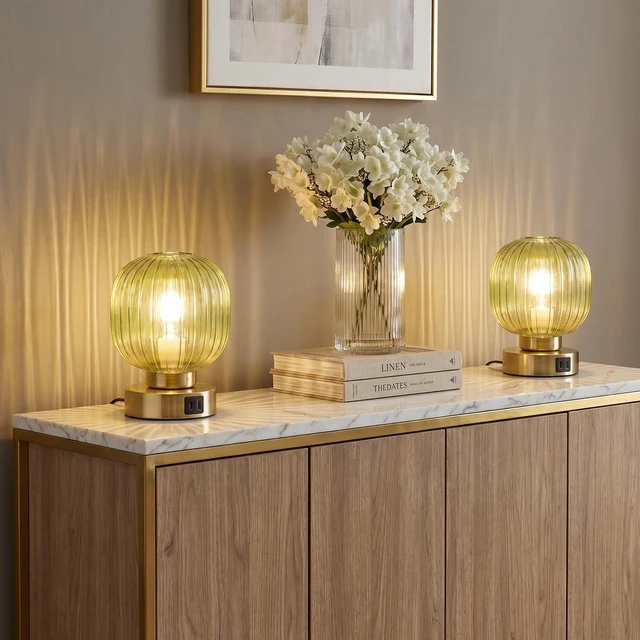 Alt view image 6 of 7 - Touch Table Lamp Set of 2, 3-Way Dimmable with Glass Shade, USB-C+A Charging Ports, Mid-Century Modern Small Bedside Lamps for Nightstand, Bedroom, and Living Room, LED Bulb Included (Green)