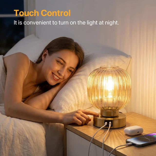 Alt view image 2 of 7 - Touch Table Lamp Set of 2, 3-Way Dimmable with Glass Shade, USB-C+A Charging Ports, Mid-Century Modern Small Bedside Lamps for Nightstand, Bedroom, and Living Room, LED Bulb Included (Amber)