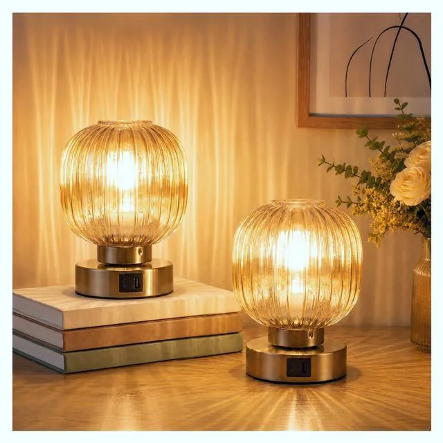 Main image of Touch Table Lamp Set of 2, 3-Way Dimmable with Glass Shade, USB-C+A Charging Ports, Mid-Century Modern Small Bedside Lamps for Nightstand, Bedroom, and Living Room, LED Bulb Included (Amber)