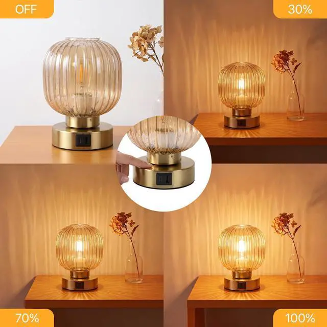 Alt view image 3 of 7 - Touch Table Lamp Set of 2, 3-Way Dimmable with Glass Shade, USB-C+A Charging Ports, Mid-Century Modern Small Bedside Lamps for Nightstand, Bedroom, and Living Room, LED Bulb Included (Amber)