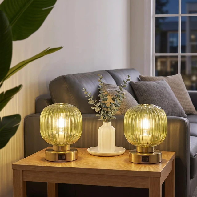 Alt view image 7 of 7 - Touch Table Lamp Set of 2, 3-Way Dimmable with Glass Shade, USB-C+A Charging Ports, Mid-Century Modern Small Bedside Lamps for Nightstand, Bedroom, and Living Room, LED Bulb Included (Green)