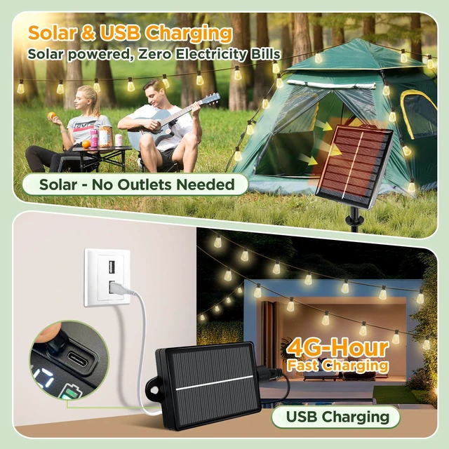 Alt view image 3 of 5 - 200FT Solar String Lights Outdoor Waterproof with Remote & Timer, LED Shatterproof ST38 Bulbs, USB & Solar Powered Patio Lights for Backyard, Porch, Garden, Wedding, Christmas Decor