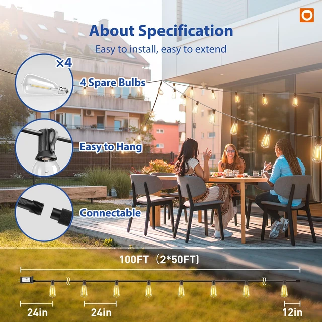 Alt view image 5 of 7 - 100FT(50FT*2) Outdoor String Lights ST38 LED with Remote Waterproof 54 Dimmable Shatterproof Replaceable Bulbs, Connectable Hanging Strand for Porch Backyard Patio Garden Deck Outside, Timer