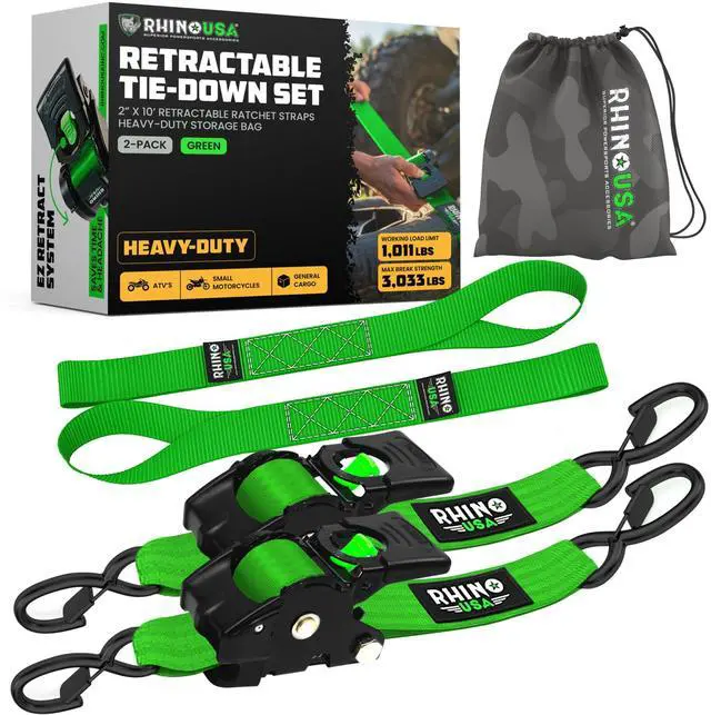 Main image of Retractable Ratchet Straps (2-Pack) - 2in x 10ft, 3,033lb, Green Heavy Duty Auto Self Retracting Tie Downs. For Truck, Cargo Trailer, Motorcycle & UTV, Tangle-Free Storage. Green