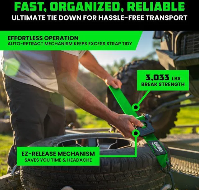 Alt view image 2 of 7 - Retractable Ratchet Straps (2-Pack) - 2in x 10ft, 3,033lb, Green Heavy Duty Auto Self Retracting Tie Downs. For Truck, Cargo Trailer, Motorcycle & UTV, Tangle-Free Storage. Green