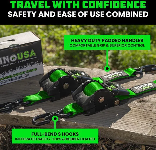 Alt view image 3 of 7 - Retractable Ratchet Straps (2-Pack) - 2in x 10ft, 3,033lb, Green Heavy Duty Auto Self Retracting Tie Downs. For Truck, Cargo Trailer, Motorcycle & UTV, Tangle-Free Storage. Green