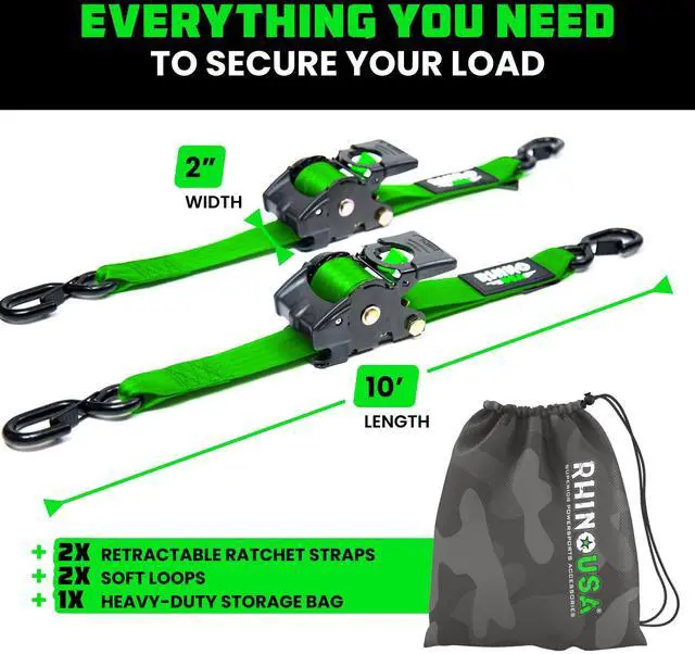 Alt view image 5 of 7 - Retractable Ratchet Straps (2-Pack) - 2in x 10ft, 3,033lb, Green Heavy Duty Auto Self Retracting Tie Downs. For Truck, Cargo Trailer, Motorcycle & UTV, Tangle-Free Storage. Green
