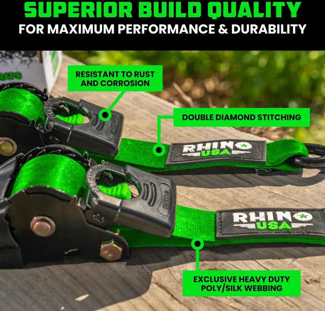 Alt view image 4 of 7 - Retractable Ratchet Straps (2-Pack) - 2in x 10ft, 3,033lb, Green Heavy Duty Auto Self Retracting Tie Downs. For Truck, Cargo Trailer, Motorcycle & UTV, Tangle-Free Storage. Green