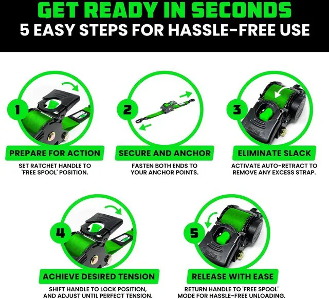 Alt view image 6 of 7 - Retractable Ratchet Straps (2-Pack) - 2in x 10ft, 3,033lb, Green Heavy Duty Auto Self Retracting Tie Downs. For Truck, Cargo Trailer, Motorcycle & UTV, Tangle-Free Storage. Green