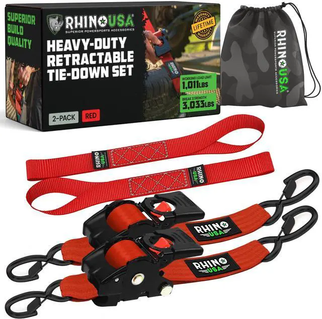 Main image of Retractable Ratchet Straps (2-Pack) - 2in x 10ft, 3,033lb, Red Heavy Duty Auto Self Retracting Tie Downs. For Truck, Cargo Trailer, Motorcycle & UTV, Tangle-Free Storage. Red