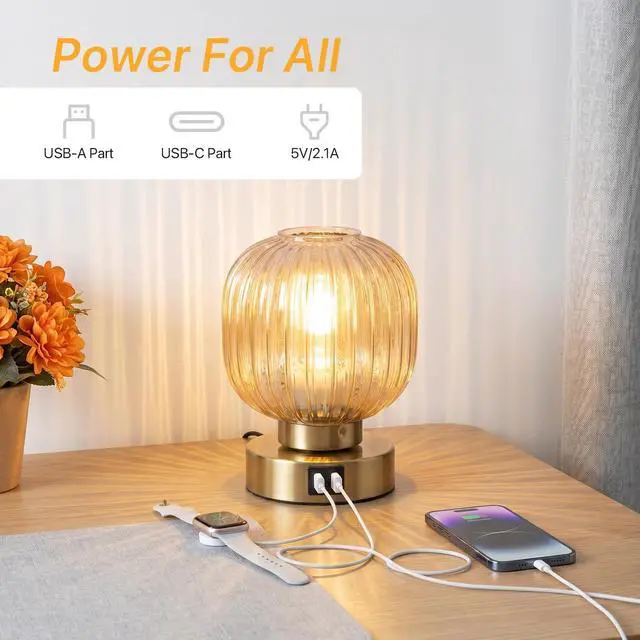 Alt view image 4 of 7 - Touch Table Lamp Set of 2, 3-Way Dimmable with Glass Shade, USB-C+A Charging Ports, Mid-Century Modern Small Bedside Lamps for Nightstand, Bedroom, and Living Room, LED Bulb Included (Amber)
