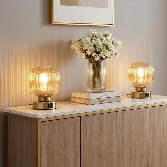 Alt view image 6 of 7 - Touch Table Lamp Set of 2, 3-Way Dimmable with Glass Shade, USB-C+A Charging Ports, Mid-Century Modern Small Bedside Lamps for Nightstand, Bedroom, and Living Room, LED Bulb Included (Amber)