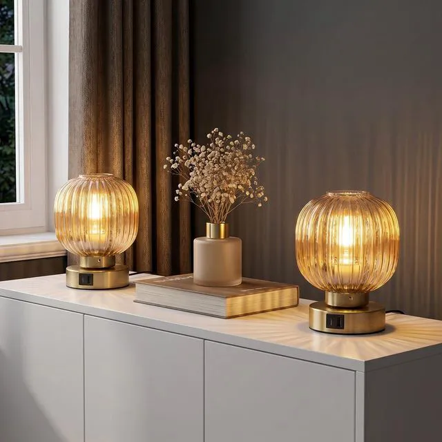 Alt view image 7 of 7 - Touch Table Lamp Set of 2, 3-Way Dimmable with Glass Shade, USB-C+A Charging Ports, Mid-Century Modern Small Bedside Lamps for Nightstand, Bedroom, and Living Room, LED Bulb Included (Amber)