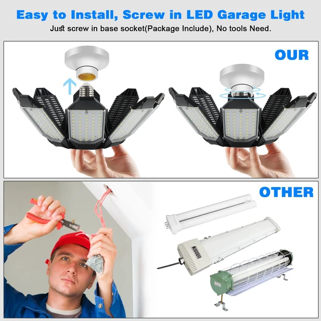 Alt view image 5 of 7 - Garage Lights - Ultra Brighter 80,000LM Garage LED 6500K Daylight E26/E27 Screw in LED Light Bulb w/ 8 Deformable Panels Compatible for Workshop Basement Attic Utility Laundry Storage - 4Pack