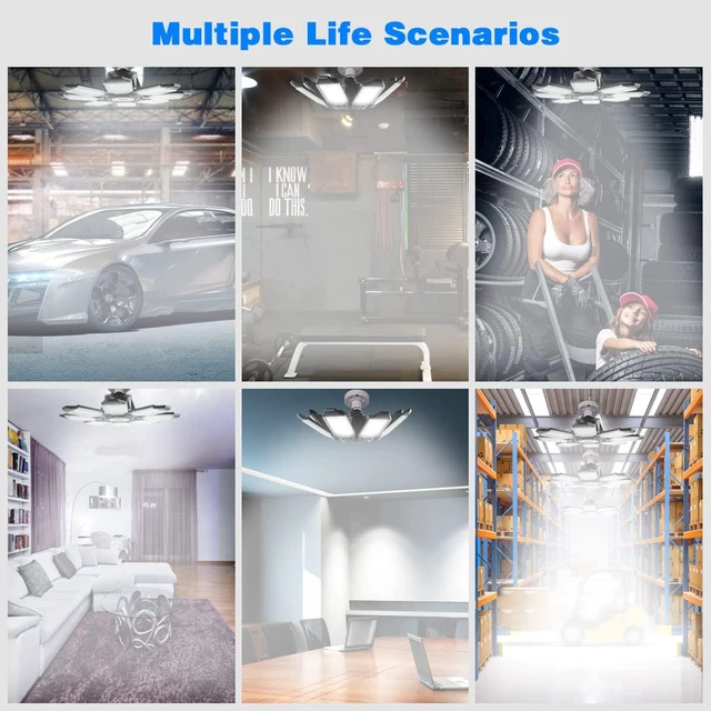 Alt view image 6 of 7 - Garage Lights - Ultra Brighter 80,000LM Garage LED 6500K Daylight E26/E27 Screw in LED Light Bulb w/ 8 Deformable Panels Compatible for Workshop Basement Attic Utility Laundry Storage - 4Pack