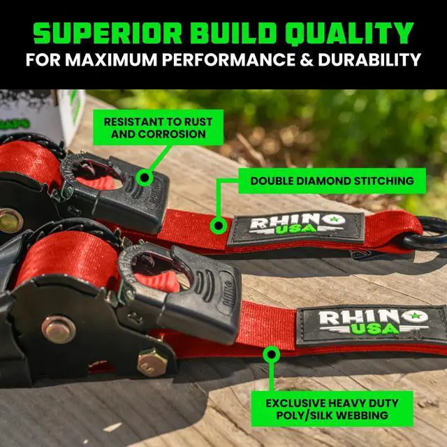 Alt view image 4 of 7 - Retractable Ratchet Straps (2-Pack) - 2in x 10ft, 3,033lb, Red Heavy Duty Auto Self Retracting Tie Downs. For Truck, Cargo Trailer, Motorcycle & UTV, Tangle-Free Storage. Red
