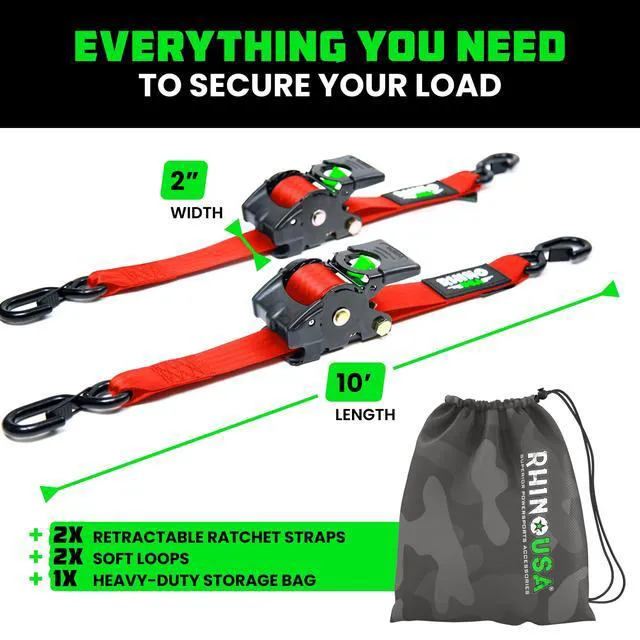 Alt view image 5 of 7 - Retractable Ratchet Straps (2-Pack) - 2in x 10ft, 3,033lb, Red Heavy Duty Auto Self Retracting Tie Downs. For Truck, Cargo Trailer, Motorcycle & UTV, Tangle-Free Storage. Red