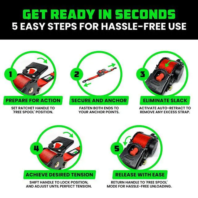 Alt view image 6 of 7 - Retractable Ratchet Straps (2-Pack) - 2in x 10ft, 3,033lb, Red Heavy Duty Auto Self Retracting Tie Downs. For Truck, Cargo Trailer, Motorcycle & UTV, Tangle-Free Storage. Red