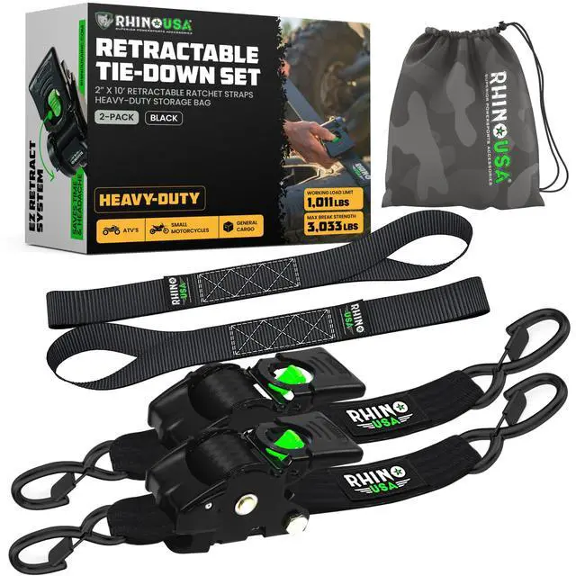 Main image of Retractable Ratchet Straps (2-Pack) - 2in x 10ft, 3,033lb, Black Heavy Duty Auto Self Retracting Tie Downs. For Truck, Cargo Trailer, Motorcycle & UTV, Tangle-Free Storage. Black