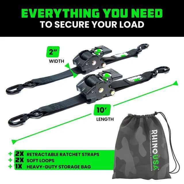 Alt view image 5 of 7 - Retractable Ratchet Straps (2-Pack) - 2in x 10ft, 3,033lb, Black Heavy Duty Auto Self Retracting Tie Downs. For Truck, Cargo Trailer, Motorcycle & UTV, Tangle-Free Storage. Black