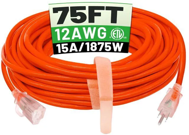 Main image of 75 FT 12/3 Outdoor Extension Cord Waterproof, Heavy Duty Power Cord 75FT Heavy Duty Flexible Cold-Resistant Long Power Cord Outside, 15Amp 1875W SJTW Yellow ETL Listed