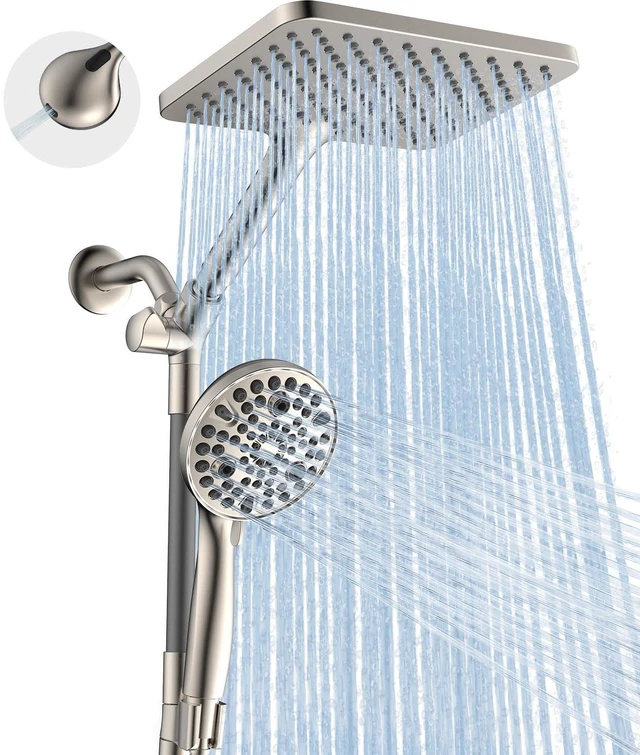 Main image of Dual Handheld Shower Head Combo, 2-in-1 Rain Shower Heads System Wide Rainfall Shower Head and 10 Modes High Pressure Hand Held Showerhead with Built-in Power Wash - Brushed Nickel