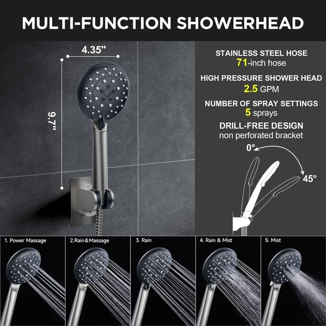 Alt view image 2 of 7 - Gunmetal Gray 11.8" High Pressure Shower Head with Handheld, Durable Handheld Shower with Multi Spray Modes, Rainfall Combo with 15" Metal Extension Arm, Detachable Dual Shower, Bathroom Decor
