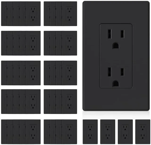 Main image of Matte Black Standard Decorator Electrical Wall Receptacle Outlet, 15A 125V, 2 Pole 3 Wire, Non-Tamper Resistant, NEMA 5-15R, Self-Grounding, Wall Plate Included, UL Listed, 50 Pack