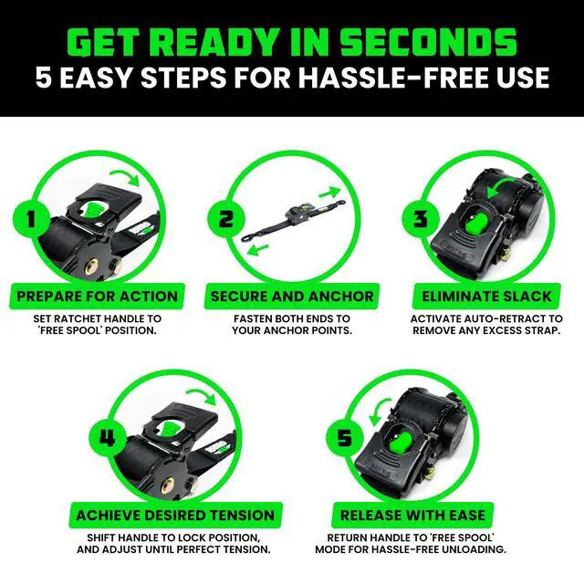 Alt view image 6 of 7 - Retractable Ratchet Straps (2-Pack) - 2in x 10ft, 3,033lb, Black Heavy Duty Auto Self Retracting Tie Downs. For Truck, Cargo Trailer, Motorcycle & UTV, Tangle-Free Storage. Black