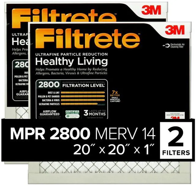 Main image of 20x20x1 Air Filter, MERV 14, MPR 2800, 2 HVAC Filters Ultrafine Particle Reduction, 3-Month AC/Furnace Filters, Cleaner Air, Reliable Airflow, (Act. Size 19.69x19.69x0.81 in)