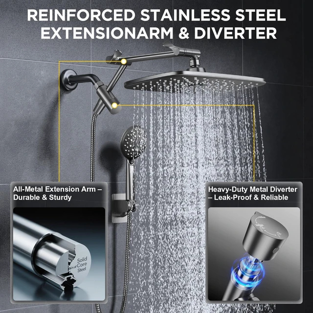 Alt view image 3 of 7 - Gunmetal Gray 11.8" High Pressure Shower Head with Handheld, Durable Handheld Shower with Multi Spray Modes, Rainfall Combo with 15" Metal Extension Arm, Detachable Dual Shower, Bathroom Decor