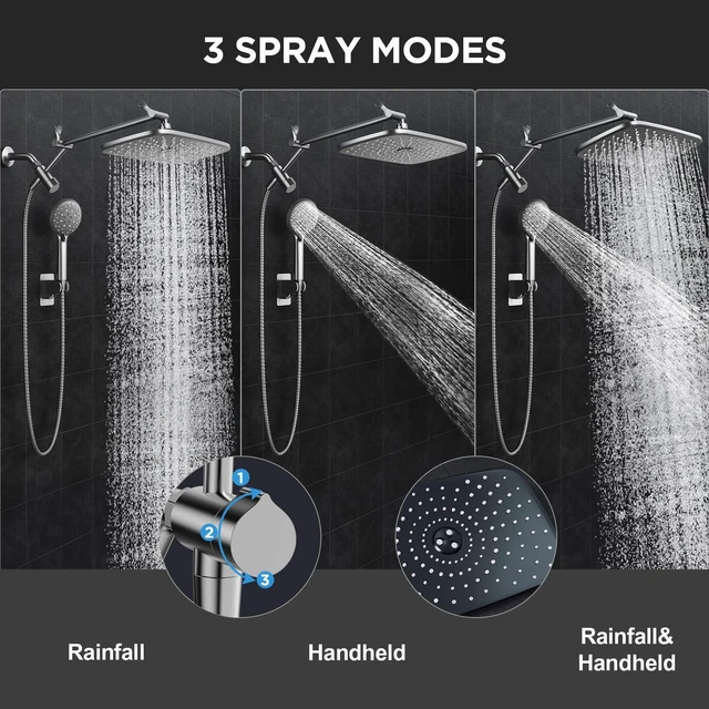 Alt view image 4 of 7 - Gunmetal Gray 11.8" High Pressure Shower Head with Handheld, Durable Handheld Shower with Multi Spray Modes, Rainfall Combo with 15" Metal Extension Arm, Detachable Dual Shower, Bathroom Decor