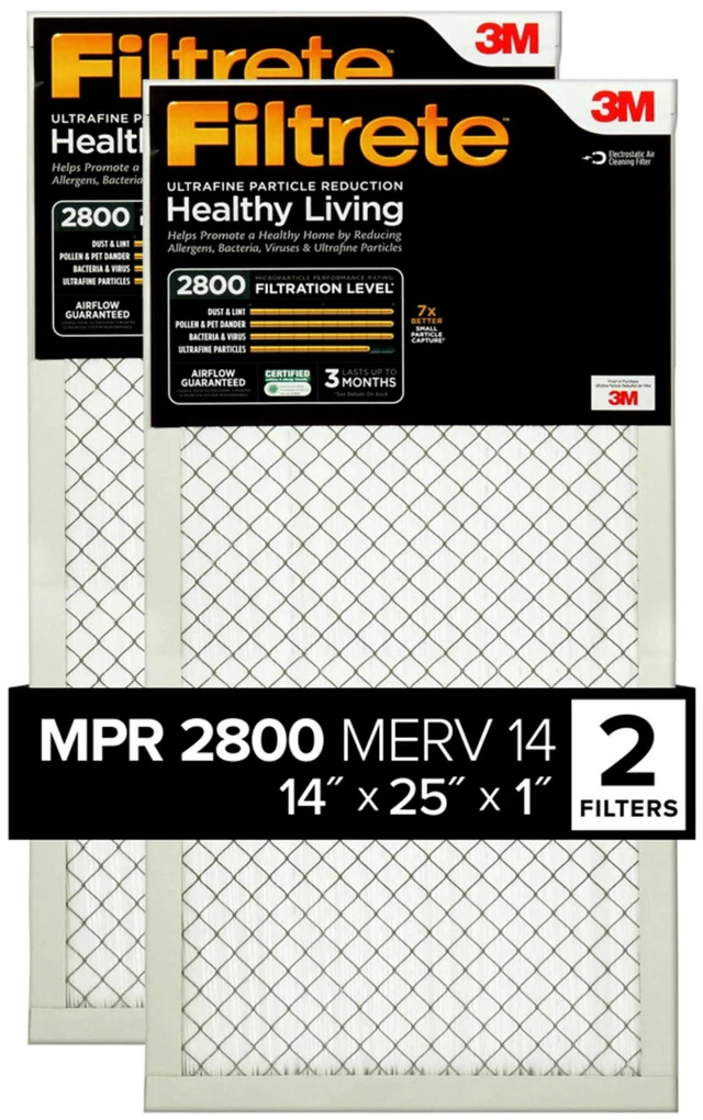 Main image of 14x25x1 Air Filter, MERV 14, MPR 2800, 2 HVAC Filters Ultrafine Particle Reduction, 3-Month AC/Furnace Filters, Cleaner Air, Reliable Airflow, (Act.Size 13.844x24.844x0.78 in)