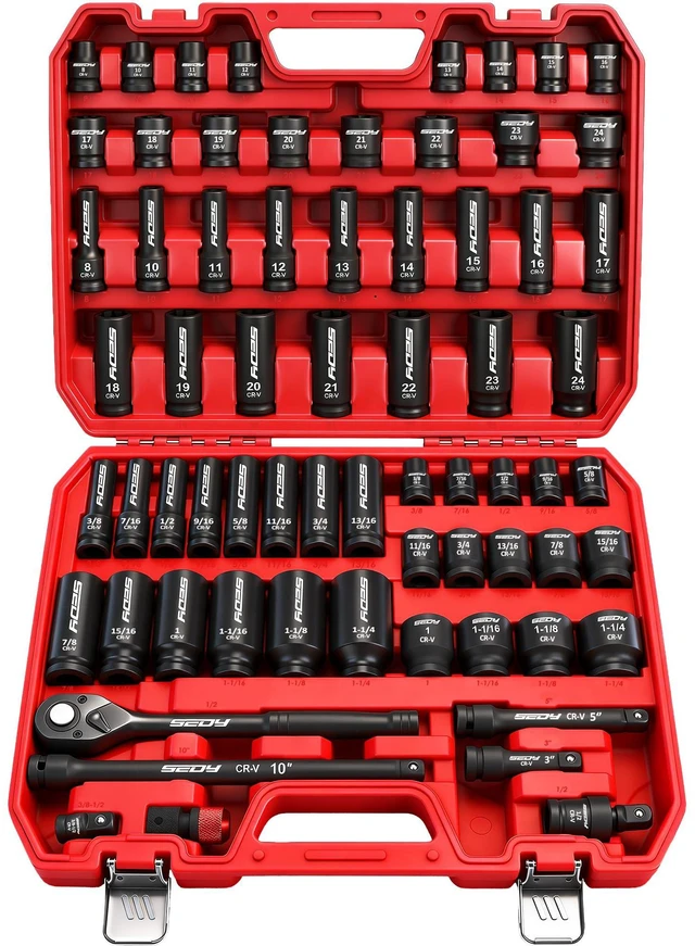 Main image of Master 1/2" Drive Impact Socket Set, 67-Piece Standard & Deep Master Impact Socket Set SAE 3/8"-1-1/4" & Metric 8-24mm Socket Set with Ratched Hand, Extension Bar, Reducer, Impact Universal Joint,Cr-V