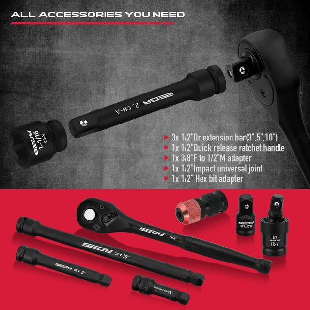 Alt view image 6 of 7 - Master 1/2" Drive Impact Socket Set, 67-Piece Standard & Deep Master Impact Socket Set SAE 3/8"-1-1/4" & Metric 8-24mm Socket Set with Ratched Hand, Extension Bar, Reducer, Impact Universal Joint,Cr-V