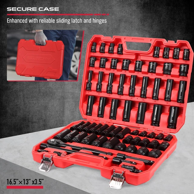 Alt view image 7 of 7 - Master 1/2" Drive Impact Socket Set, 67-Piece Standard & Deep Master Impact Socket Set SAE 3/8"-1-1/4" & Metric 8-24mm Socket Set with Ratched Hand, Extension Bar, Reducer, Impact Universal Joint,Cr-V