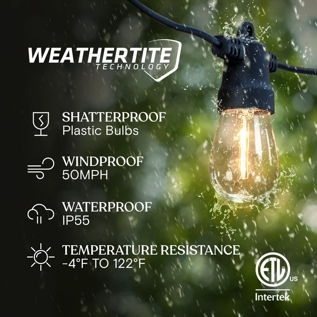 Alt view image 4 of 7 - Ambience Hybrid Outdoor String Lights - Dual Plug and Solar Powered Waterproof LED Light String for Outside - 48 Ft, Soft White Edison Bulbs, for Camping, Patio, Cafe, Yard, Porch