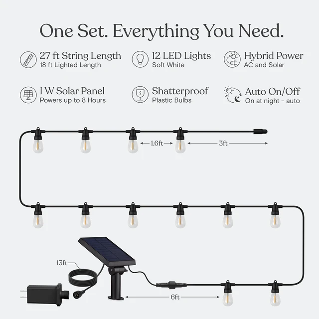 Alt view image 5 of 7 - Ambience Hybrid Outdoor String Lights - Dual Plug and Solar Powered Waterproof LED Light String for Outside - 27 Ft, Soft White Edison Bulbs, for Camping, Patio, Cafe, Yard, Porch