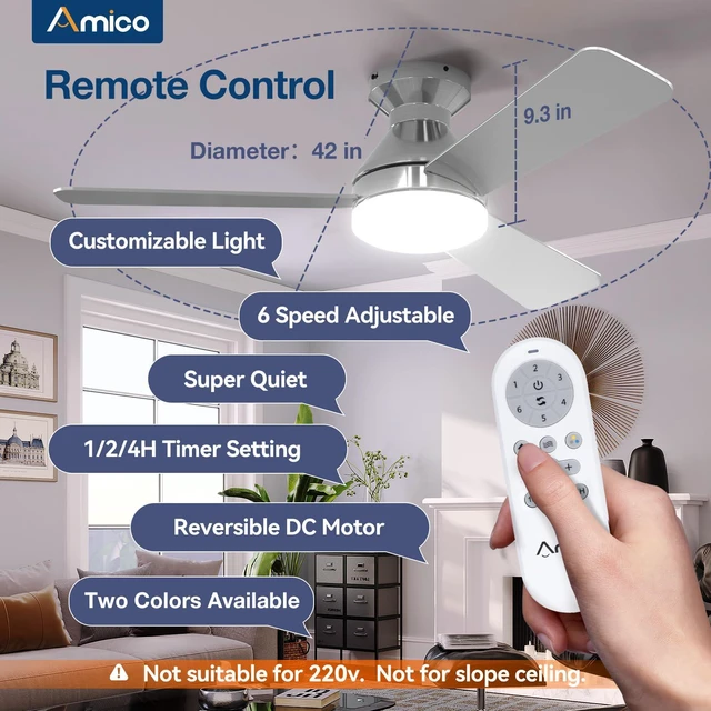 Alt view image 2 of 7 - 42 Inch Nickel Low Profile Ceiling Fans with Lights And Remote Flush mount, 3-color dimmable light, quiet reversible DC motor, easy install, memory, timer, bedroom, covered outdoor areas