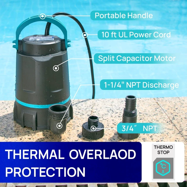 Alt view image 5 of 7 - 1 HP Sump Pump 4500 GPH Submersible Water Pump for Water Removal Thermoplastic Utility Pump High Flow Water Removal for Swimming Pool Garden Pond Basement Wells with 10ft Long Power Cord