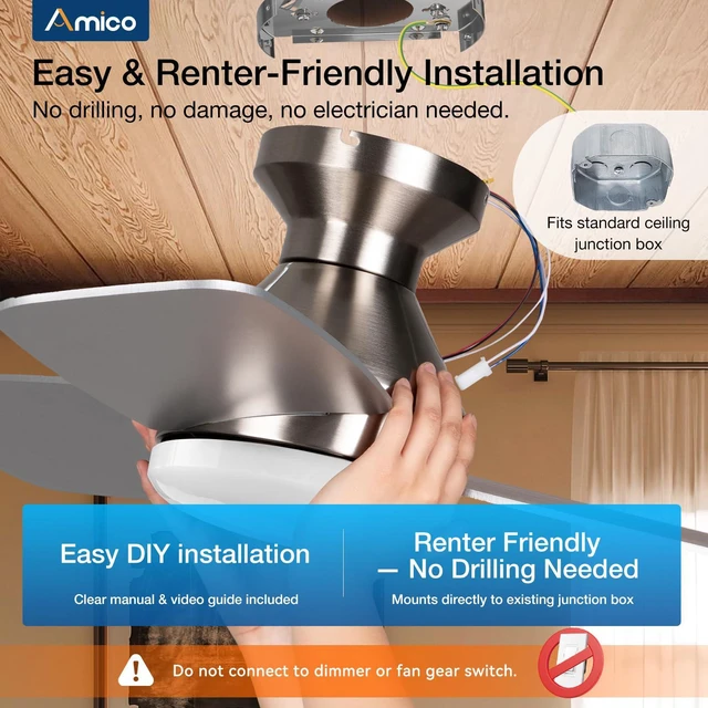 Alt view image 7 of 7 - 30 Inch Nickel Low Profile Ceiling Fans with Lights And Remote Flush mount, 3-color dimmable light, quiet reversible DC motor, easy install, memory, timer, bedroom, covered outdoor areas