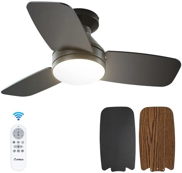 Main image of 30 Inch Black Low Profile Ceiling Fans with Lights and Remote Flush mount, 3-color dimmable light, quiet reversible DC motor, easy install, memory, timer, bedroom, covered outdoor areas
