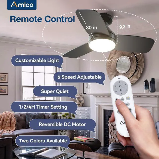 Alt view image 2 of 7 - 30 Inch Black Low Profile Ceiling Fans with Lights and Remote Flush mount, 3-color dimmable light, quiet reversible DC motor, easy install, memory, timer, bedroom, covered outdoor areas