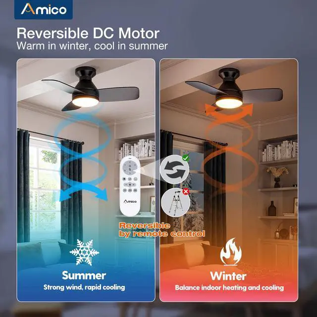 Alt view image 5 of 7 - 30 Inch Black Low Profile Ceiling Fans with Lights and Remote Flush mount, 3-color dimmable light, quiet reversible DC motor, easy install, memory, timer, bedroom, covered outdoor areas