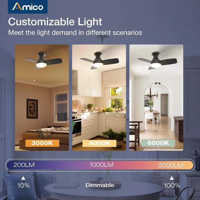 Alt view image 6 of 7 - 30 Inch Black Low Profile Ceiling Fans with Lights and Remote Flush mount, 3-color dimmable light, quiet reversible DC motor, easy install, memory, timer, bedroom, covered outdoor areas