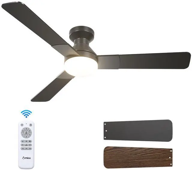 Main image of 52 Inch Black Low Profile Ceiling Fans with Lights and Remote Flush mount, 3-color dimmable light, quiet reversible DC motor, easy install, memory, timer, bedroom, covered outdoor areas