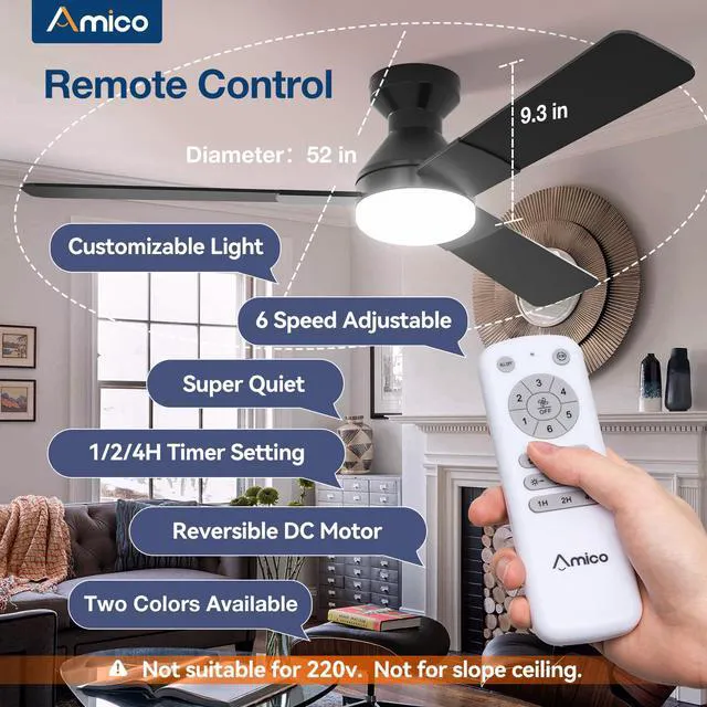 Alt view image 2 of 7 - 52 Inch Black Low Profile Ceiling Fans with Lights and Remote Flush mount, 3-color dimmable light, quiet reversible DC motor, easy install, memory, timer, bedroom, covered outdoor areas
