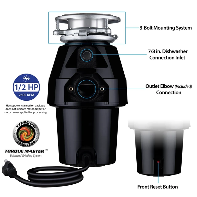 Alt view image 2 of 7 - Waste Maid Garbage Disposal, Anti-Jam, Continuous Feed, 1/2 HP Mid Duty Anti-Jam Stainless Steel Food Waste Grinding System, Quiet Continuous Feed, Easy 3-Bolt Mount, 10-US-WM-258-3B